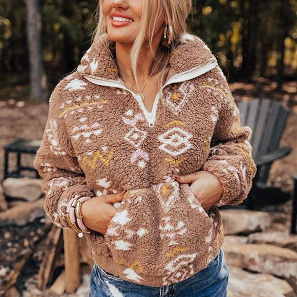 New Cozy Fleece Aztec Print Zip Up Jacket Coat - Picture 7 of 12